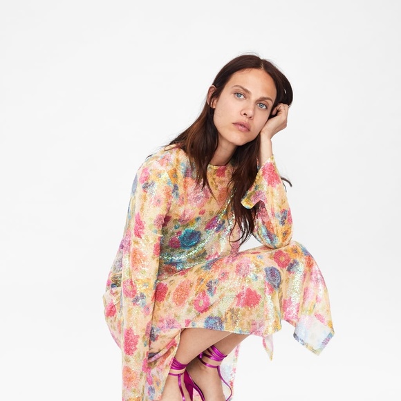 NWT ZARA PRINT SEQUIN BLOGGER SUMMER SHEER DRESS - Picture 5 of 8